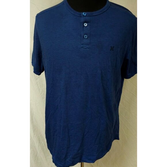 Hurley Mens XL Dark Blue Pin Striped Short Sleeve 1/4 Button Polo Logo T-Shirt - Picture 1 of 12